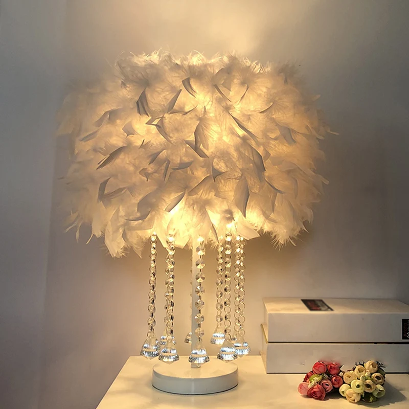 1-lichts nachtlampje voor meisjeskamer, modern roze/paars/wit tafellampje met cilindrische verenkap Clearhalo