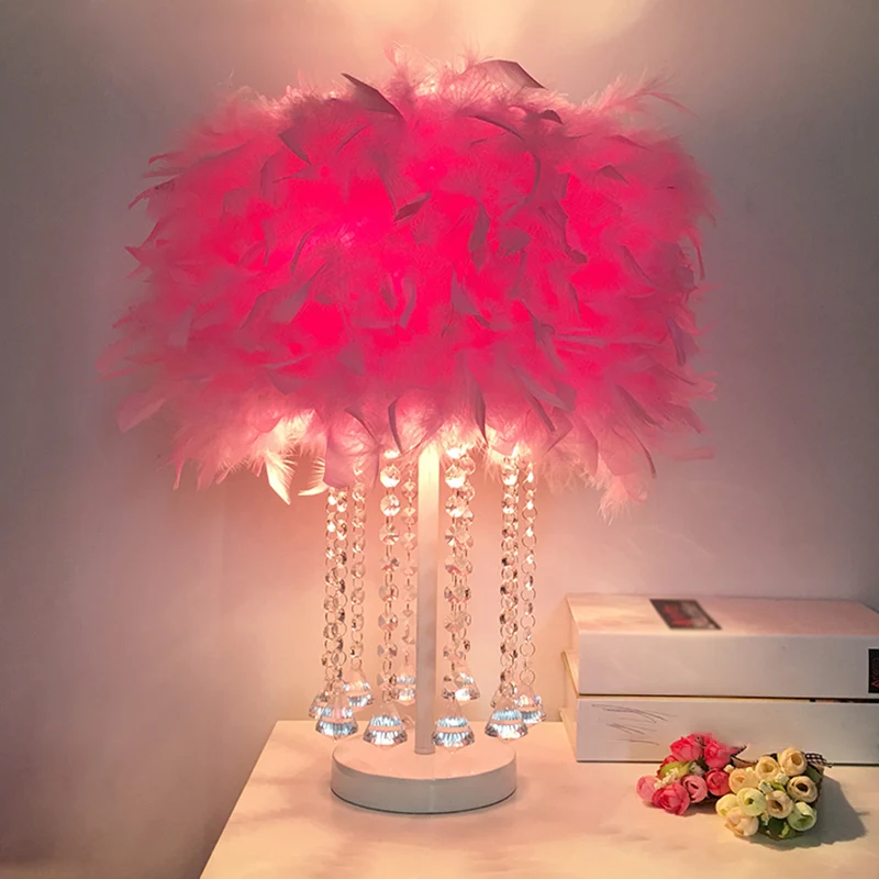 1-lichts nachtlampje voor meisjeskamer, modern roze/paars/wit tafellampje met cilindrische verenkap Clearhalo