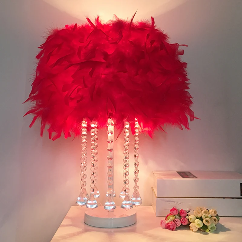 1-lichts nachtlampje voor meisjeskamer, modern roze/paars/wit tafellampje met cilindrische verenkap Clearhalo