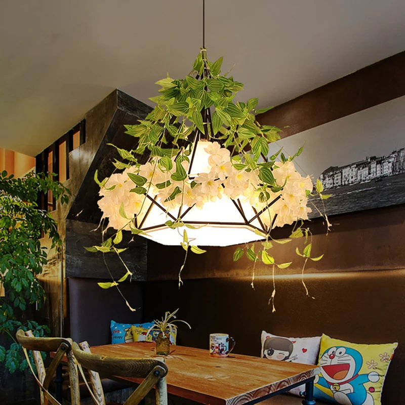 1-lichts ophangpendel Warehouse Diamond Cage metalen hanglamp wit/rood met kunstmatige bloemendeco Clearhalo