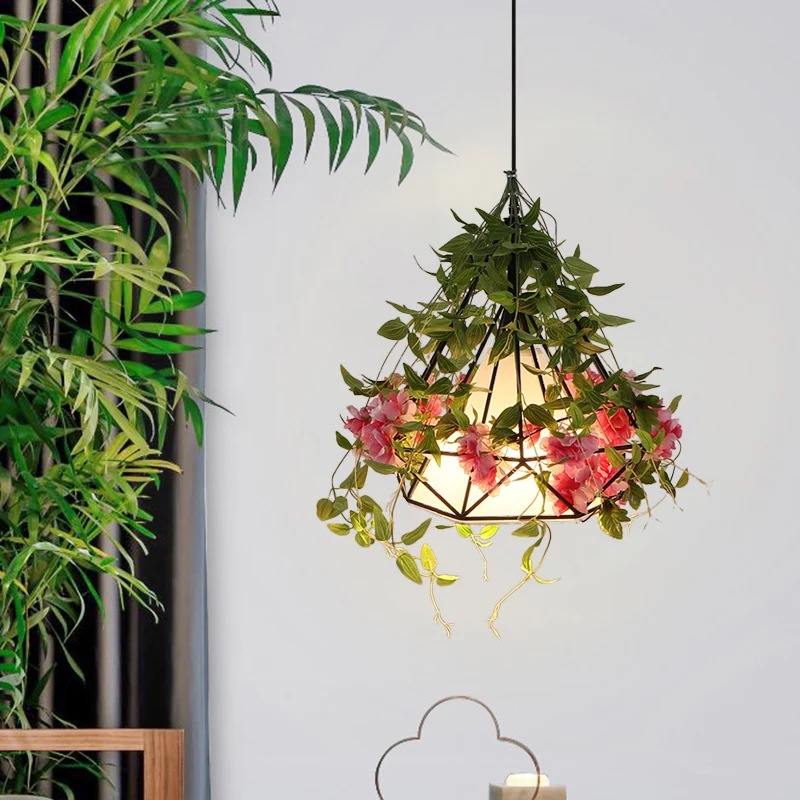 1-lichts ophangpendel Warehouse Diamond Cage metalen hanglamp wit/rood met kunstmatige bloemendeco Clearhalo