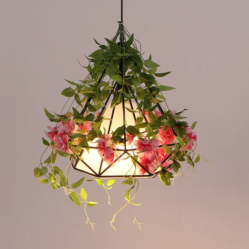 1-lichts ophangpendel Warehouse Diamond Cage metalen hanglamp wit/rood met kunstmatige bloemendeco Clearhalo