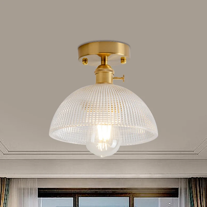1-lichts plafondlamp met koepel/schuur/bloemkap amber/helder getextureerd glas industriële woonkamer half vlak messing Cle...