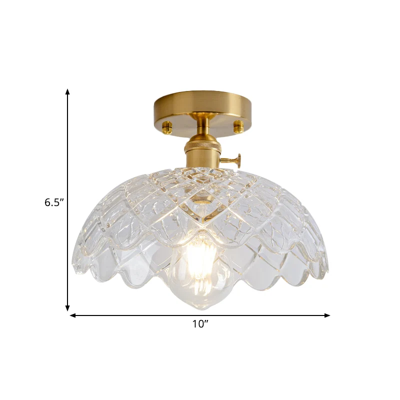 1-lichts plafondlamp met koepel/schuur/bloemkap amber/helder getextureerd glas industriële woonkamer half vlak messing Cle...