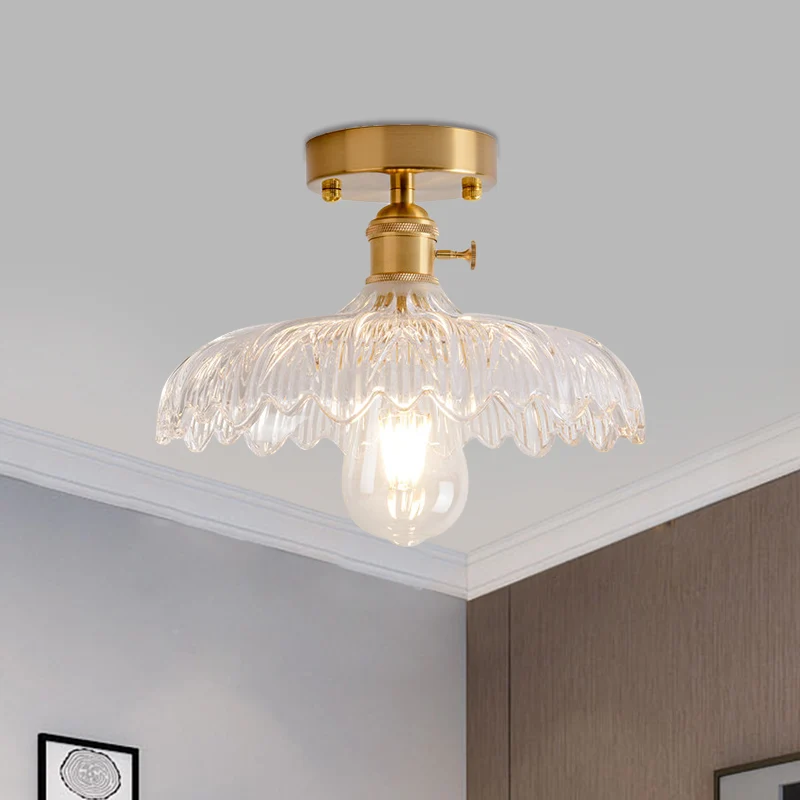 1-lichts plafondlamp met koepel/schuur/bloemkap amber/helder getextureerd glas industriële woonkamer half vlak messing Cle...