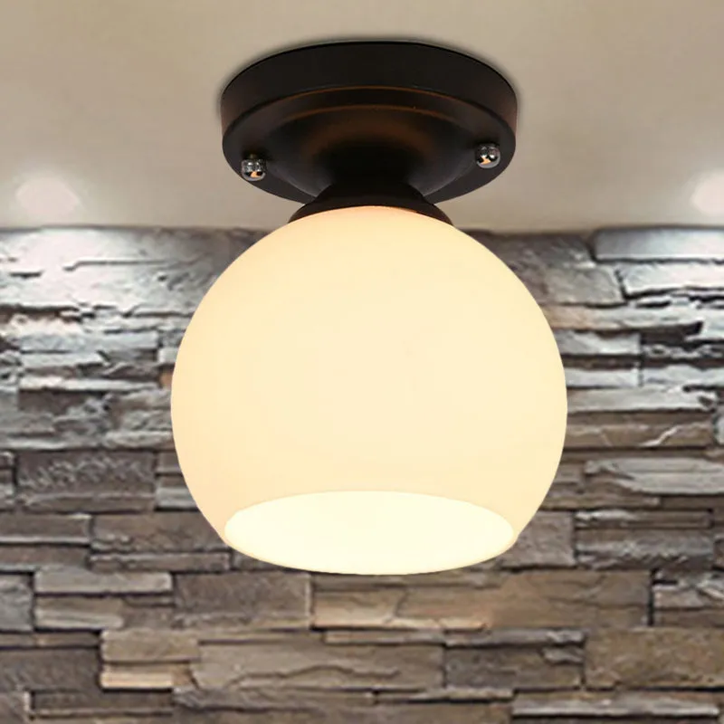1-lichts plafondlamp met ronde kap van opaalglas, vintage stijl hal half vlak zwart Clearhalo