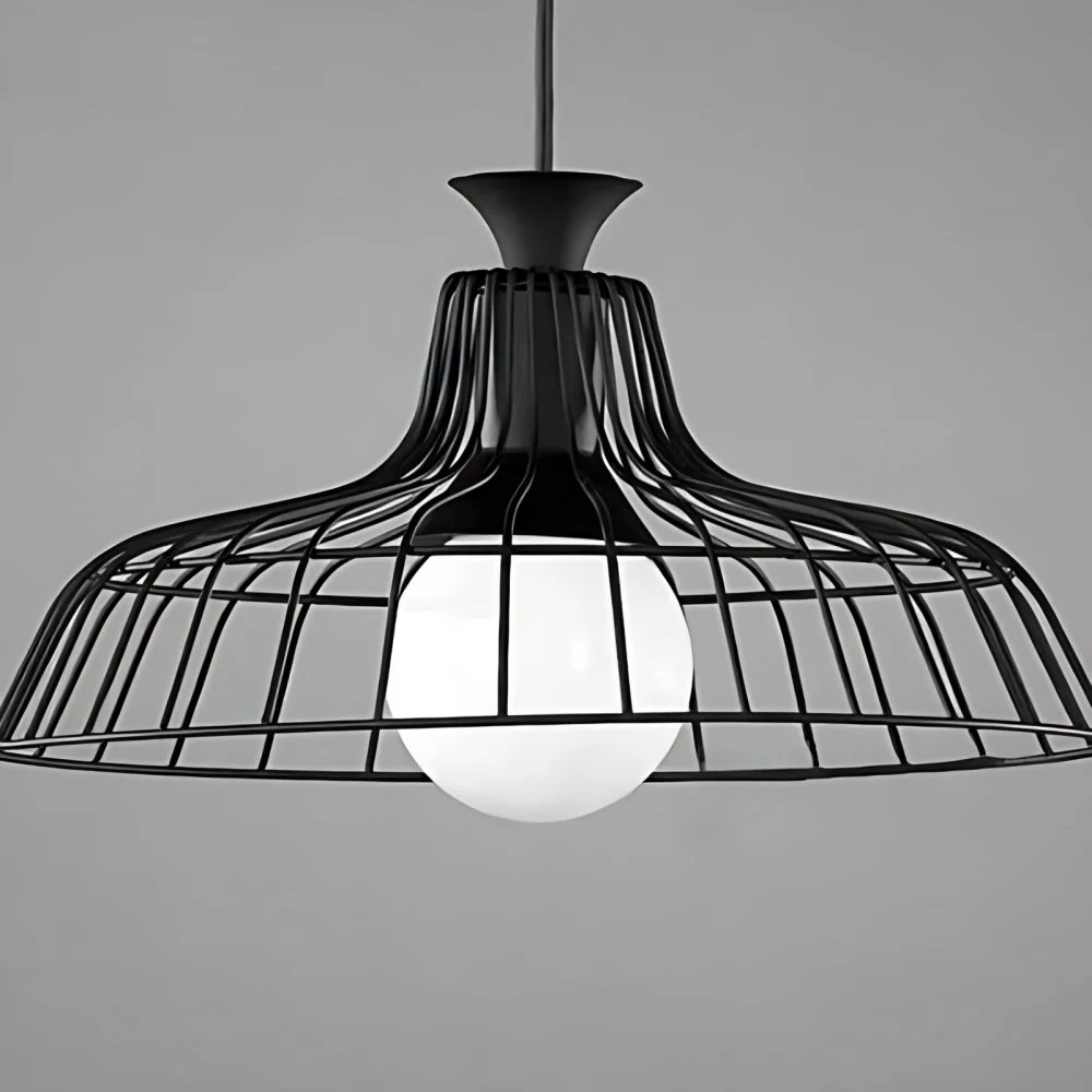 1-lichts plafondverlichting met draadframe en schuurschaduw, metalen restauranthanglamp industriële stijl zwart/wit Clearhalo