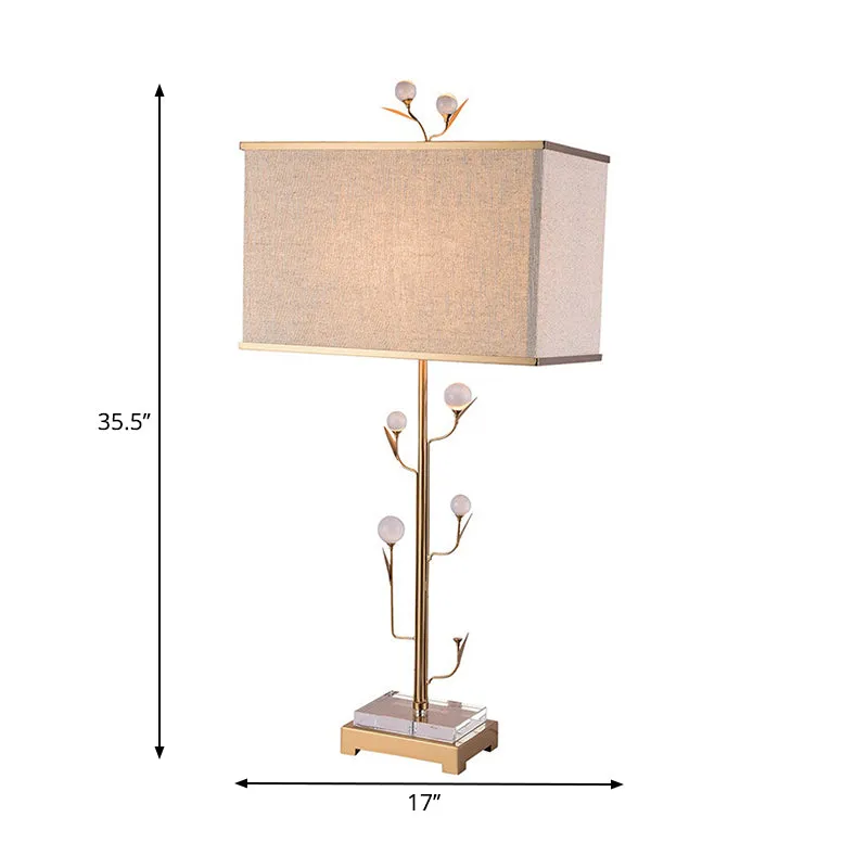 1-lichts rechthoekig tafellampje, vintage beige stoffen nachtlampje met gouden staaf en kristallen bol Clearhalo