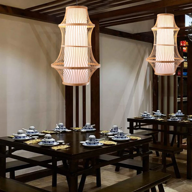 1-lichts restaurant hanglamp met kooi-achtige bamboe kap modernistische beige hanglamp Clearhalo