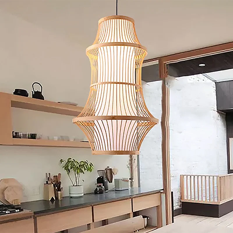 1-lichts restaurant hanglamp met kooi-achtige bamboe kap modernistische beige hanglamp Clearhalo