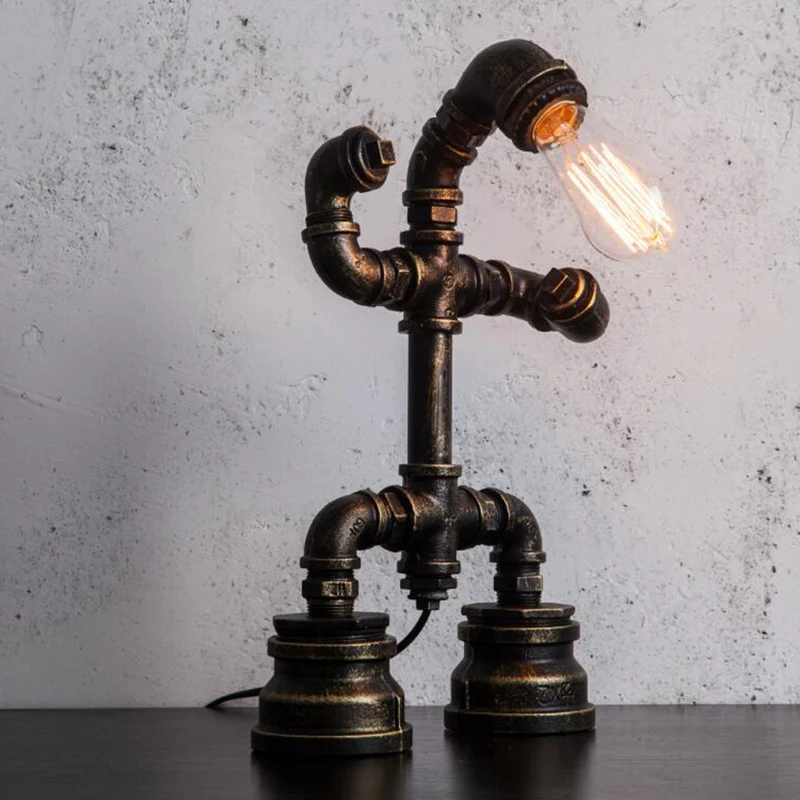 1-lichts Robot Pipe kleine bureaulamp Rustiek zwart ijzeren nachttafellamp met insteeksnoer Clearhalo