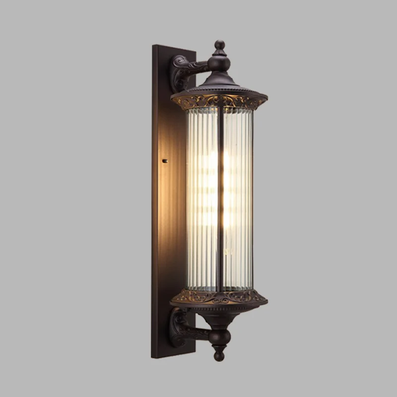 1-lichts schansland buitenlamp voor wandmontage met cilindervormige helder geribbelde glazen kap donkere koffie Clearhalo