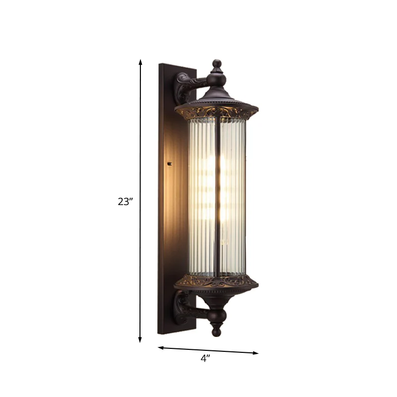 1-lichts schansland buitenlamp voor wandmontage met cilindervormige helder geribbelde glazen kap donkere koffie Clearhalo