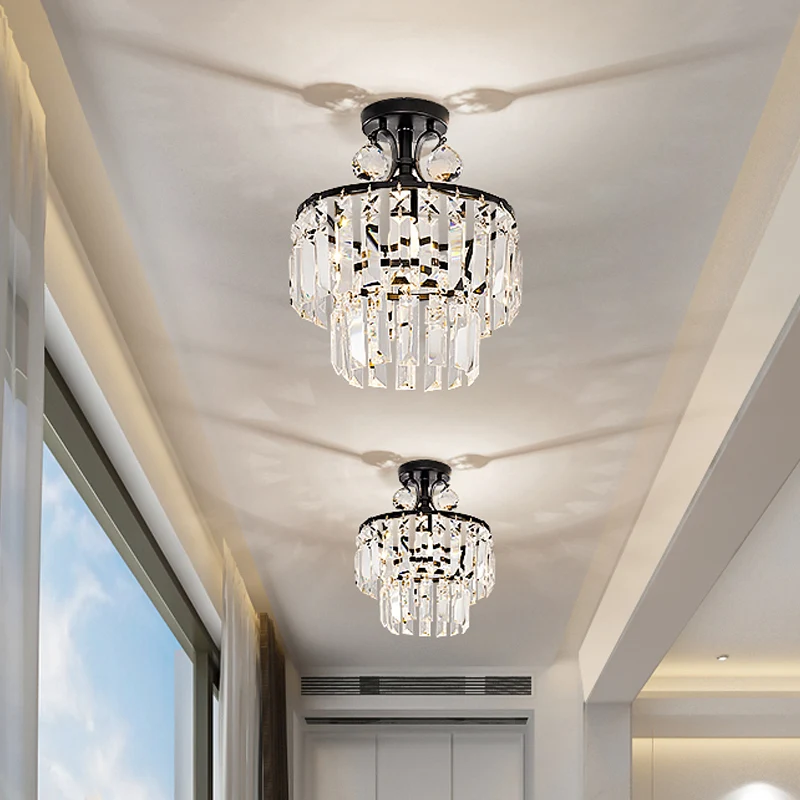 1-lichts semi-gemonteerde verlichting Rechthoekig geslepen kristallen moderne halplafondlamp met 2-laags ronde kap Clearhalo