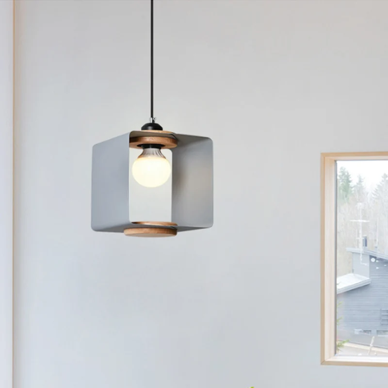 1-lichts slaapkamer slingerlamp Macaron geel/blauw/wit en hout hangende hanglamp met vierkant ijzeren frame Clearhalo