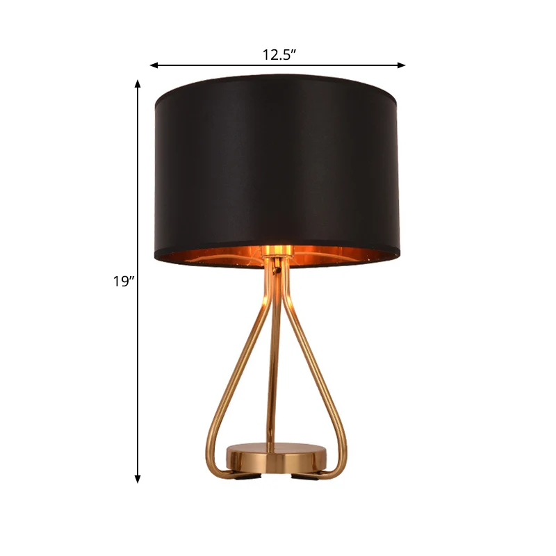 1-lichts stoffen bureaulamp, traditionele stijl, zwart/wit, trommel, slaapkamerleeslamp met metalen voet Clearhalo