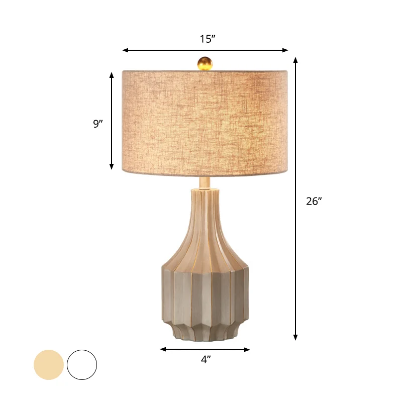 1-lichts stoffen tafellamp Lodge beige/wit rond nachtkastje voor slaapkamer met potvoet Clearhalo