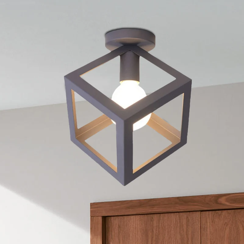1-lichts vierkante plafondlamp met draadbeschermer loftstijl zwart/grijs metallic halfverzonken verlichting voor slaapkame...