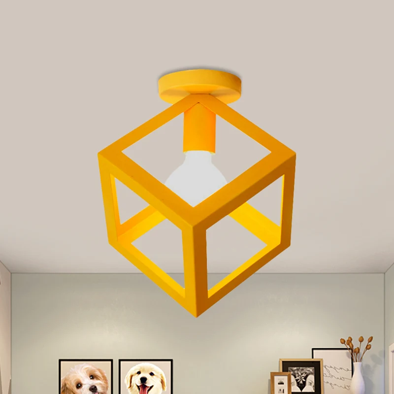 1-lichts vierkante plafondlamp met draadbeschermer loftstijl zwart/grijs metallic halfverzonken verlichting voor slaapkame...