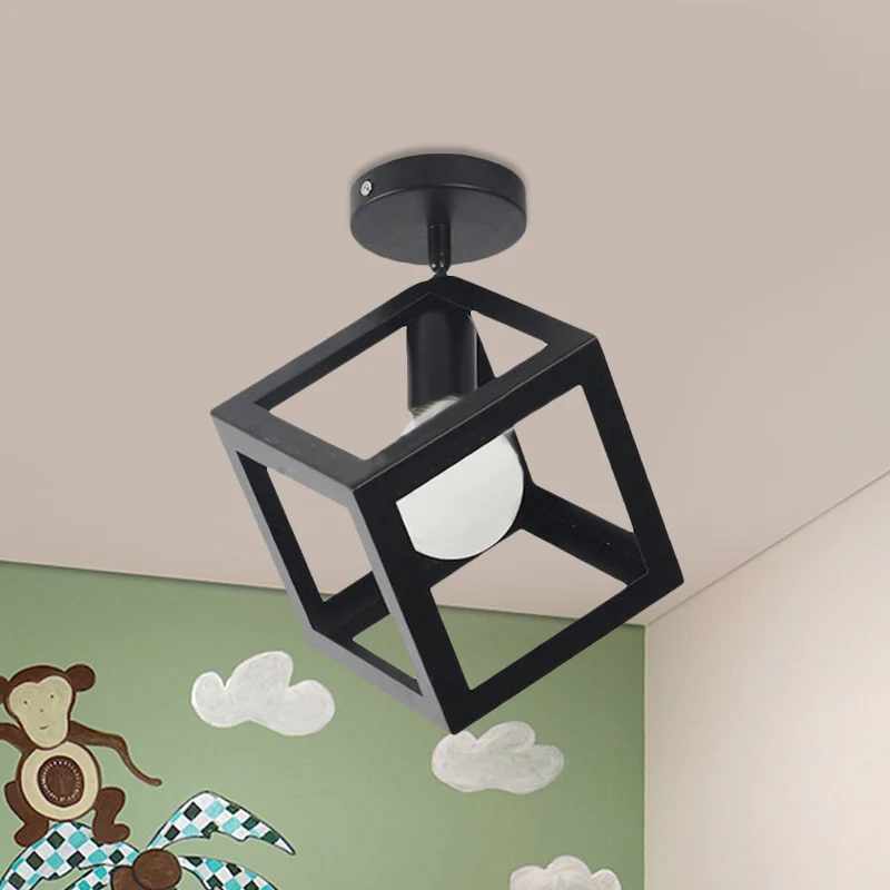 1-lichts vierkante plafondlamp met draadbeschermer loftstijl zwart/grijs metallic halfverzonken verlichting voor slaapkame...