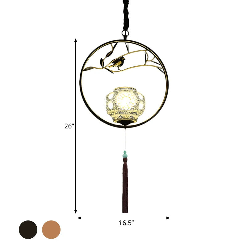 1-lichts vogelkooi-ophangverlichting Traditionele zwart/gouden metalen plafondhanger voor theesalon Clearhalo