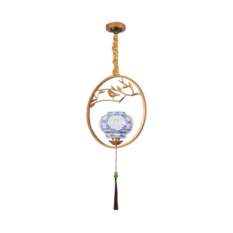 1-lichts vogelkooi-ophangverlichting Traditionele zwart/gouden metalen plafondhanger voor theesalon Clearhalo