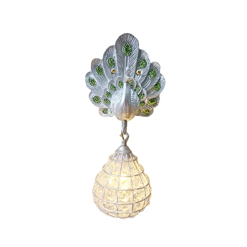 1-lichts wandmontagelamp met pauwdecoratie hars vintage slaapkamer schanslicht groen/zilver/blauw Clearhalo