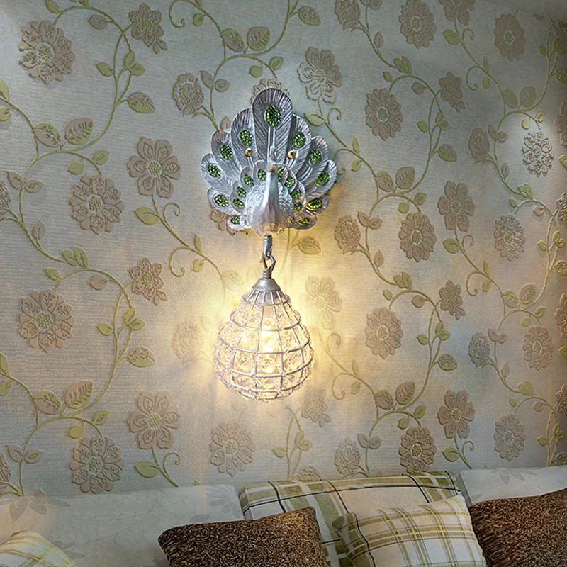 1-lichts wandmontagelamp met pauwdecoratie hars vintage slaapkamer schanslicht groen/zilver/blauw Clearhalo