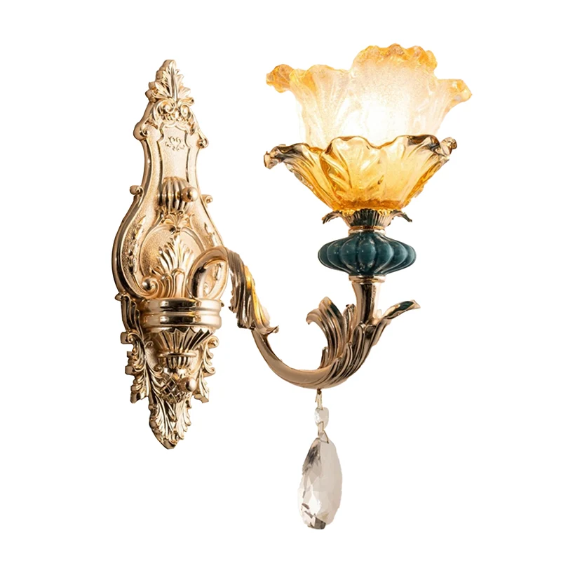1-lichts wandverlichting met bloemenkap Amber Kristal Traditionele nachtkastje wandlamp goud Clearhalo