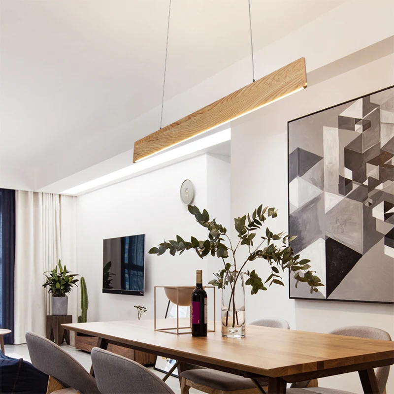 23"/35"/47" brede eetkamer hanglamp met lineaire houten kap beige LED-hanglamp warm/wit licht Clearhalo