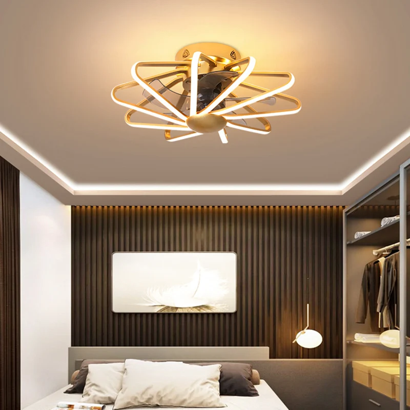 23-inch brede metalen draadkooi hangende ventilator, moderne LED-halfverzonken plafondlamp voor slaapkamer Clearhalo