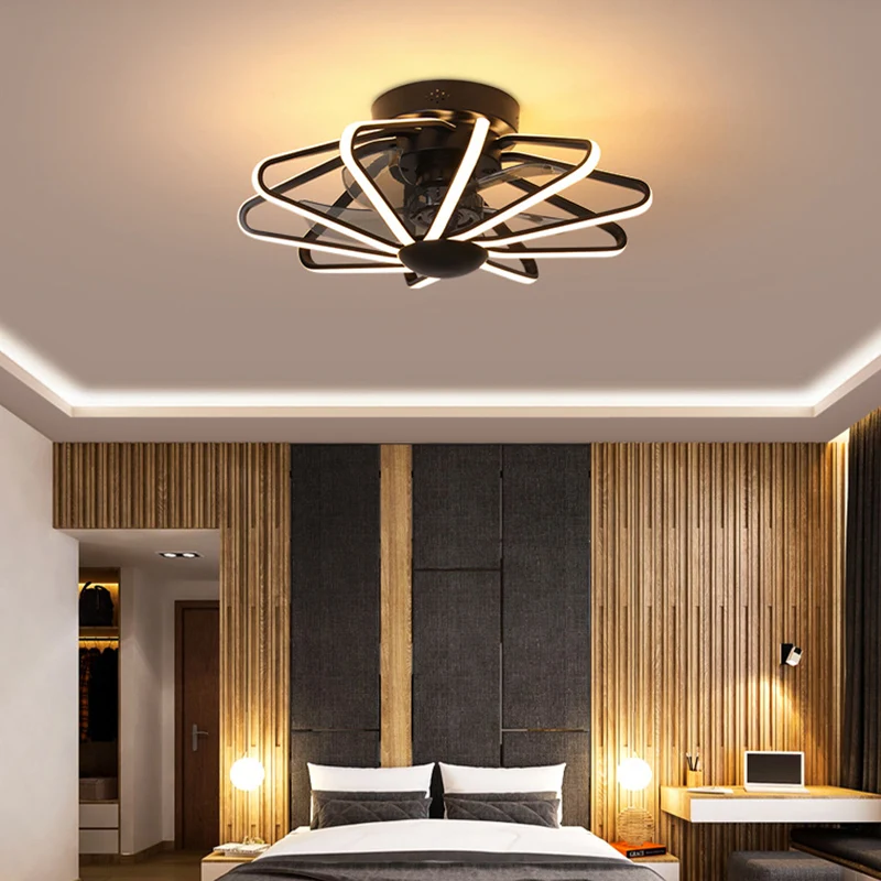 23-inch brede metalen draadkooi hangende ventilator, moderne LED-halfverzonken plafondlamp voor slaapkamer Clearhalo