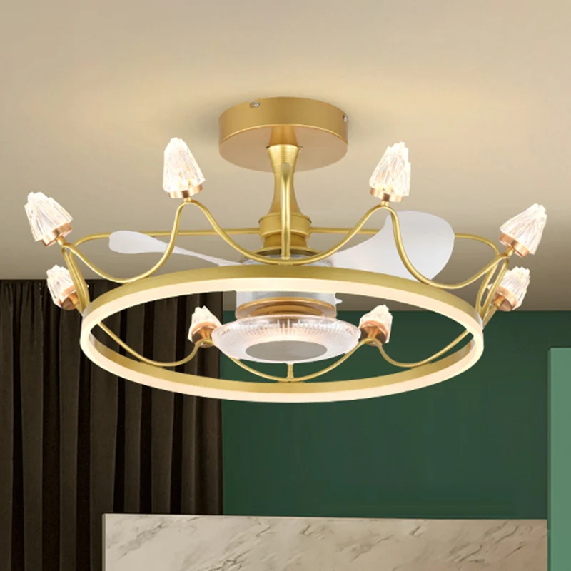 26,5" W afstandsbediening kroonvormige LED-ventilatorlicht postmodern acryl woonkamer semi-inbouwlicht met 3 bladen Clearhalo
