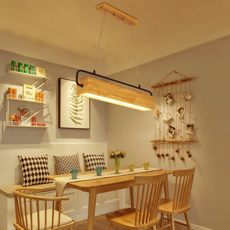 27,5 "/35,5" brede rechthoek houten hangende kroonluchter moderne beige LED hanglampset warm licht voor eetkamer Clearhalo