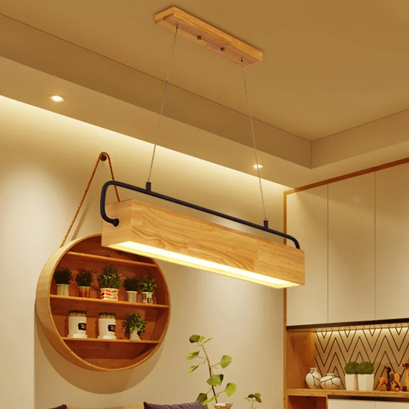 27,5 "/35,5" brede rechthoek houten hangende kroonluchter moderne beige LED hanglampset warm licht voor eetkamer Clearhalo
