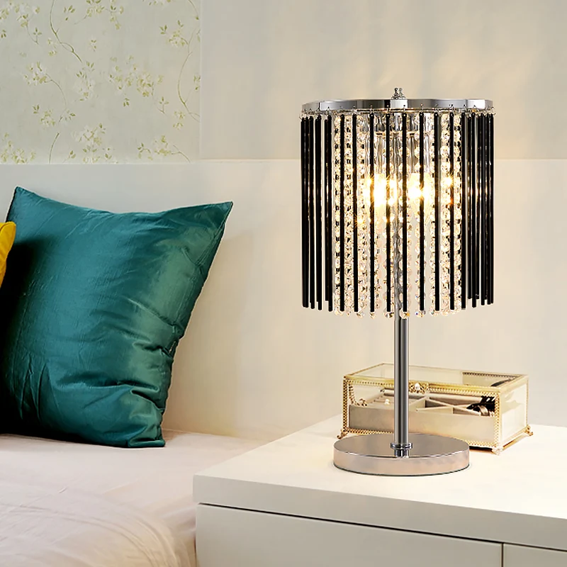 2-koppige studeertafellamp, modern chroom, kleine bureaulamp met gefacetteerde kristallen kap met kralen Clearhalo