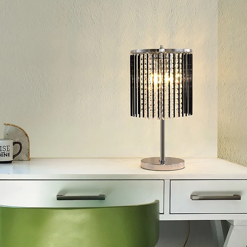 2-koppige studeertafellamp, modern chroom, kleine bureaulamp met gefacetteerde kristallen kap met kralen Clearhalo