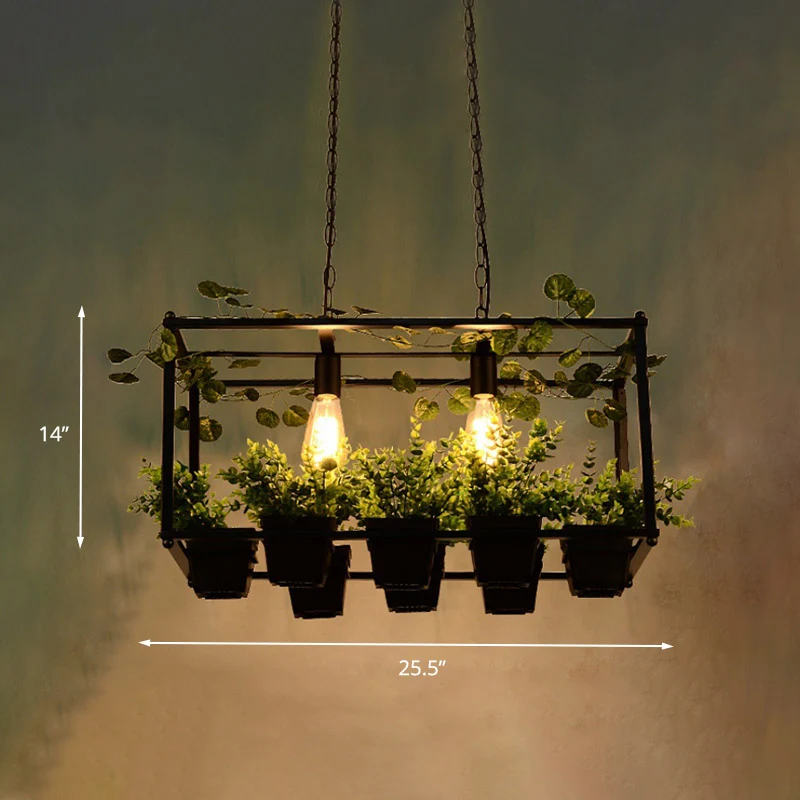 2-kops metalen eilandhanger antiek zwart rechthoekig restaurant LED-downlight met plantendecor Clearhalo