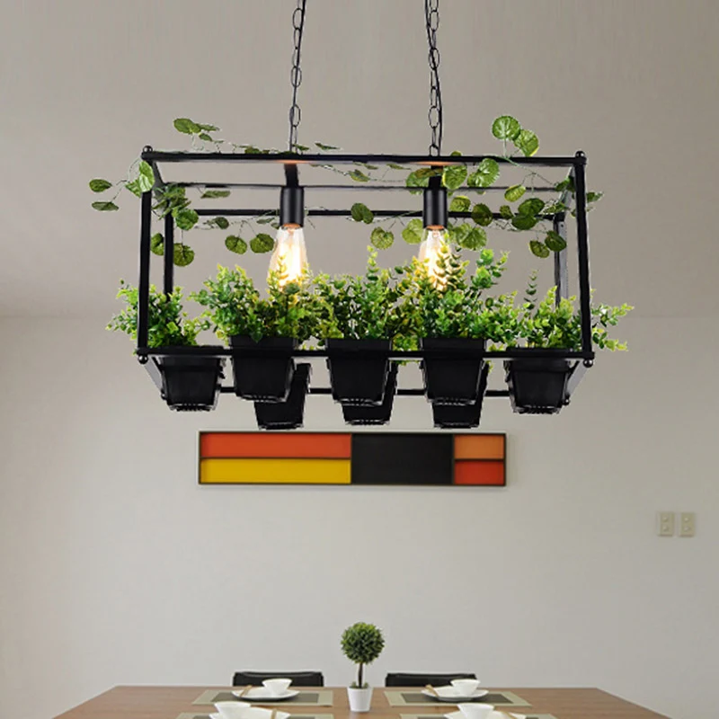 2-kops metalen eilandhanger antiek zwart rechthoekig restaurant LED-downlight met plantendecor Clearhalo