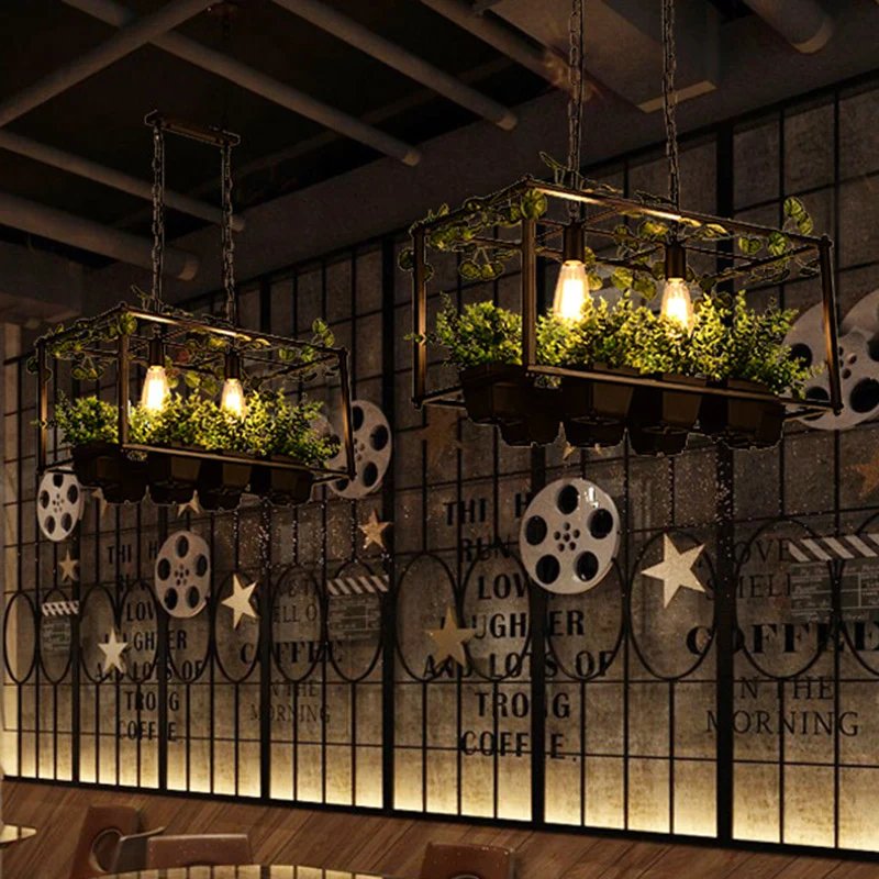 2-kops metalen eilandhanger antiek zwart rechthoekig restaurant LED-downlight met plantendecor Clearhalo