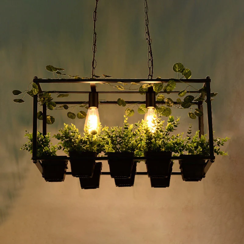 2-kops metalen eilandhanger antiek zwart rechthoekig restaurant LED-downlight met plantendecor Clearhalo