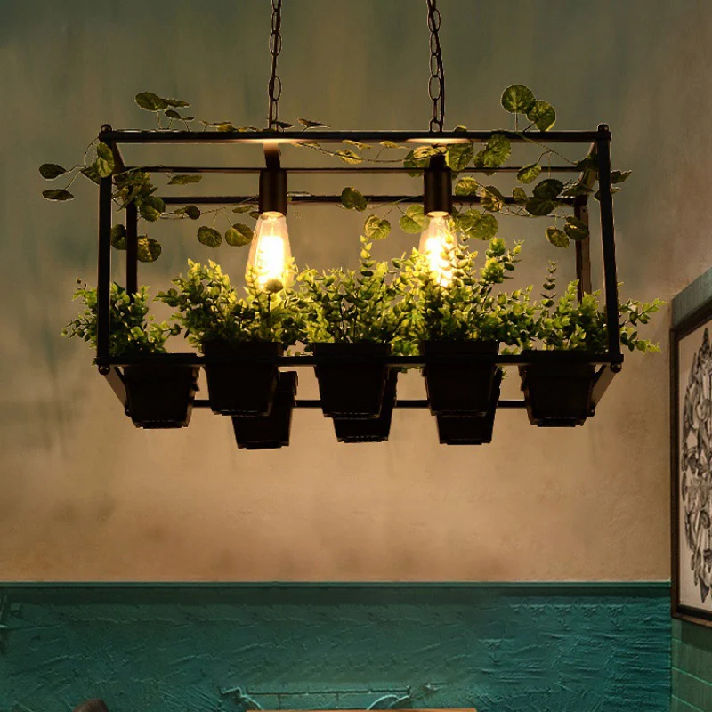 2-kops metalen eilandhanger antiek zwart rechthoekig restaurant LED-downlight met plantendecor Clearhalo