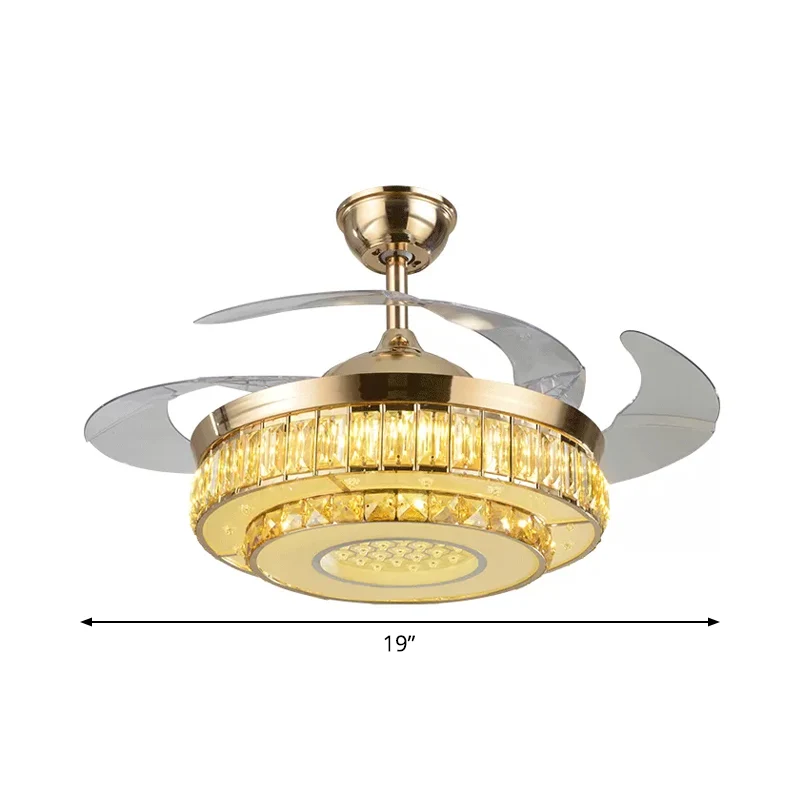 2-laags cirkel afgeschuinde kristallen semi-flush moderne 19" brede LED gouden hangende ventilatorlamp, 4-bladig Clearhalo