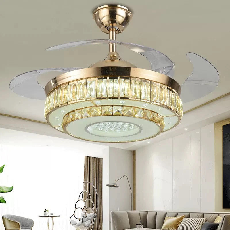 2-laags cirkel afgeschuinde kristallen semi-flush moderne 19" brede LED gouden hangende ventilatorlamp, 4-bladig Clearhalo