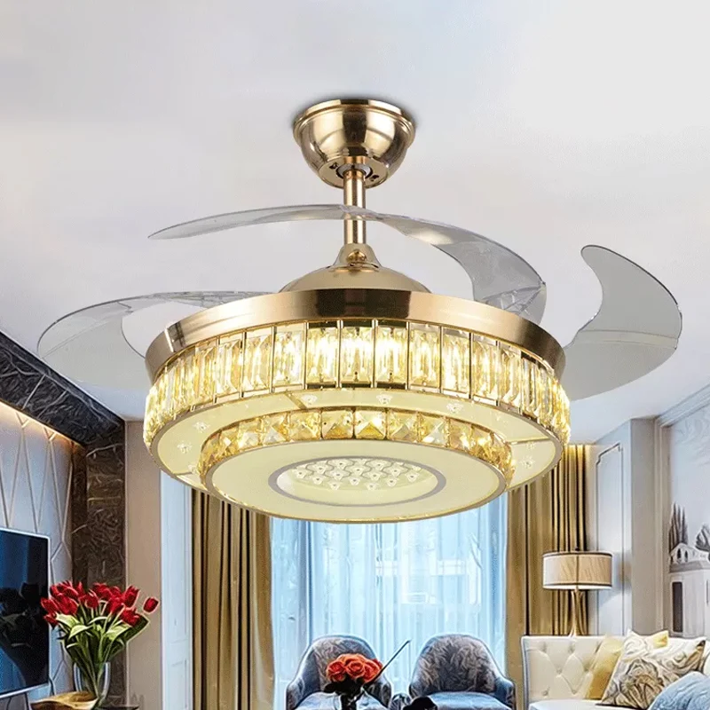 2-laags cirkel afgeschuinde kristallen semi-flush moderne 19" brede LED gouden hangende ventilatorlamp, 4-bladig Clearhalo