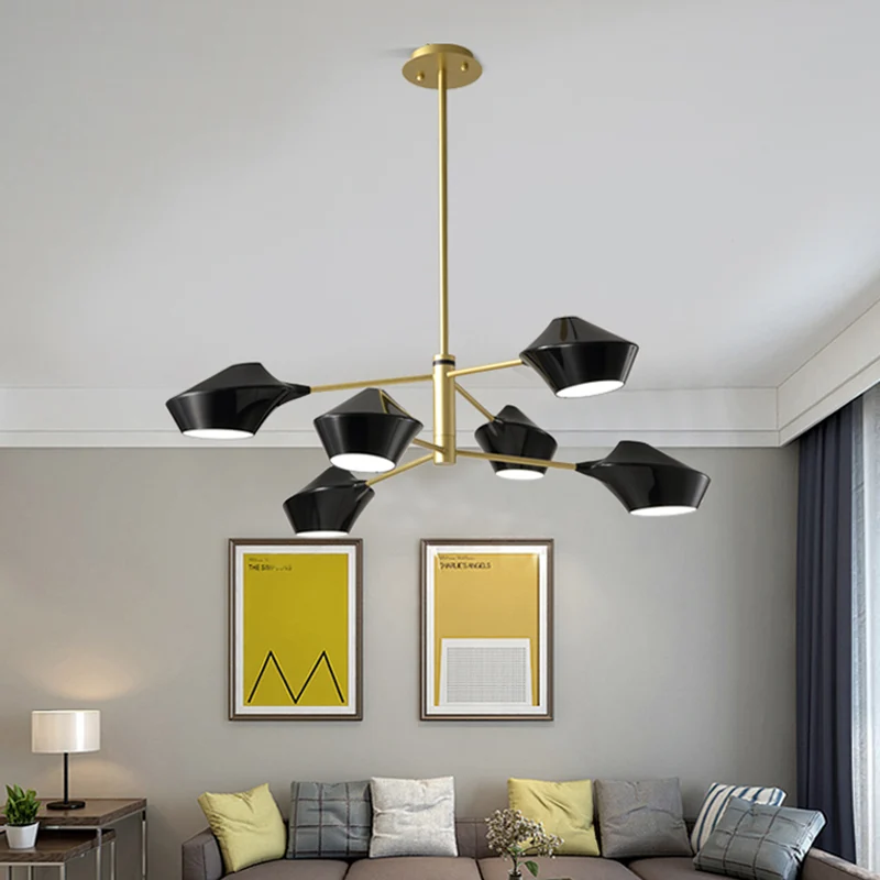 2-laags draaibare schaduwkroonluchter, modern metaal, 6 lampen, woonkamer, plafondhanger zwart-goud/wit Clearhalo