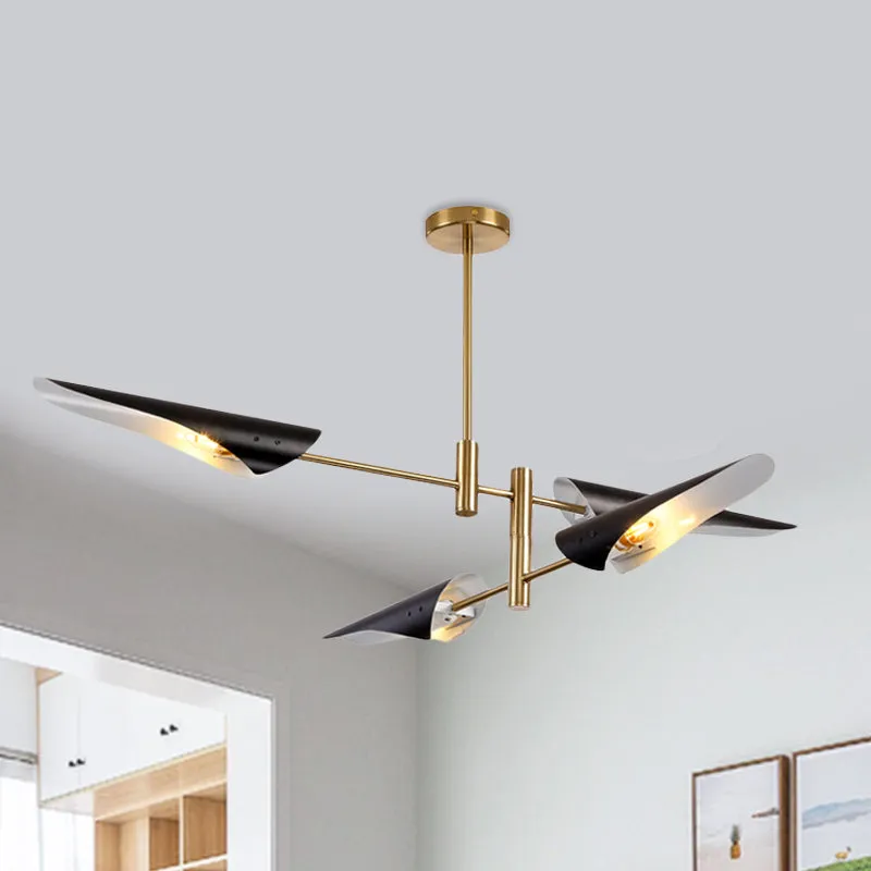 2-laags ijzeren semi-inbouw moderne 4-kops zwart/witte plafondgemonteerde kroonluchter met roterende arm Clearhalo