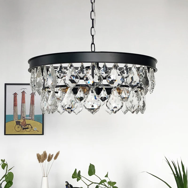 2-laags kroonluchter licht modern kristal 3 koppen zwarte hanglampset voor eetkamer Clearhalo