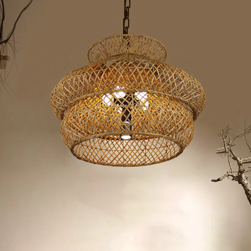 2-laags ophanghanger Retro Bamboe LED Houten Hanglampset voor Restaurant Clearhalo