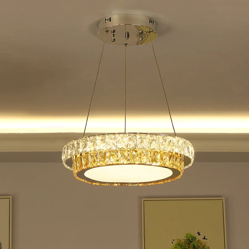 2-laags ronde LED-hanglamp moderne gouden kristallen ingebedde kroonluchter voor eetkamer, 16 "/23,5"/31,5 "diam. Clearhalo